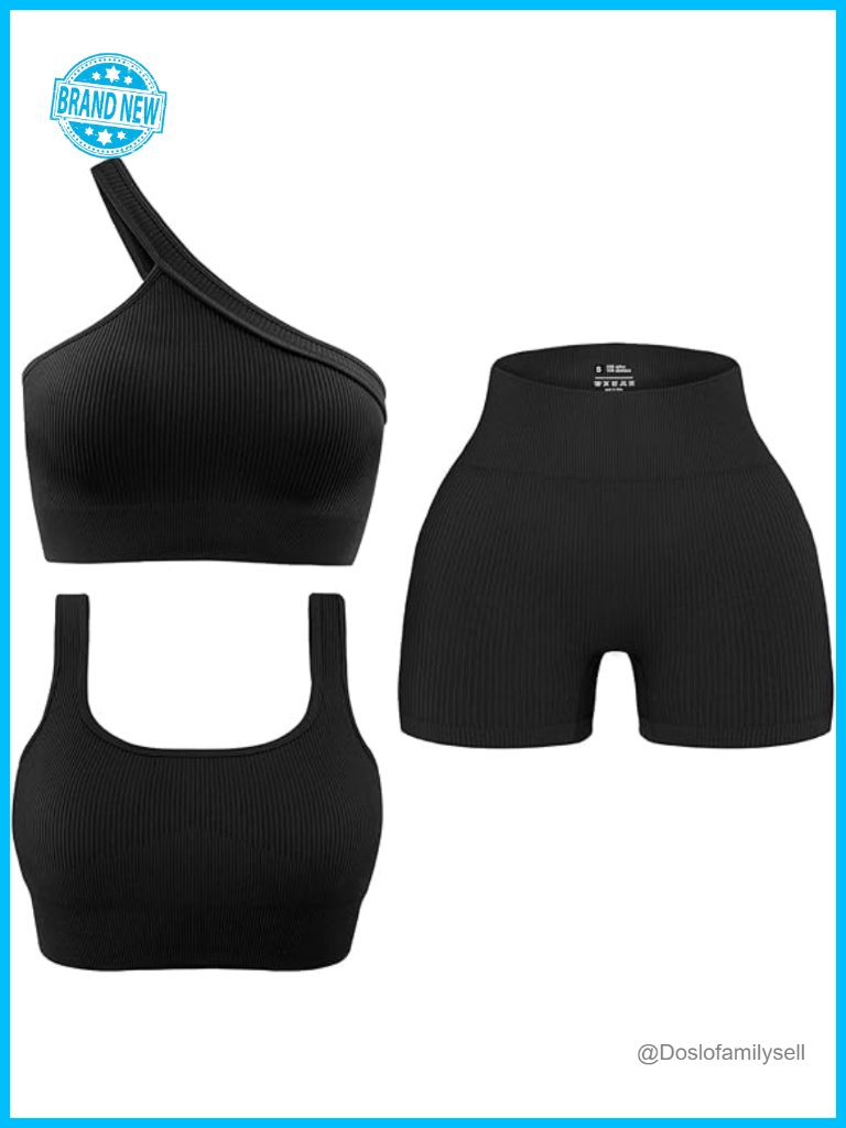 Seamless Ribbed Yoga Set - One Shoulder Top & Biker Shorts - 3 Piece Workout